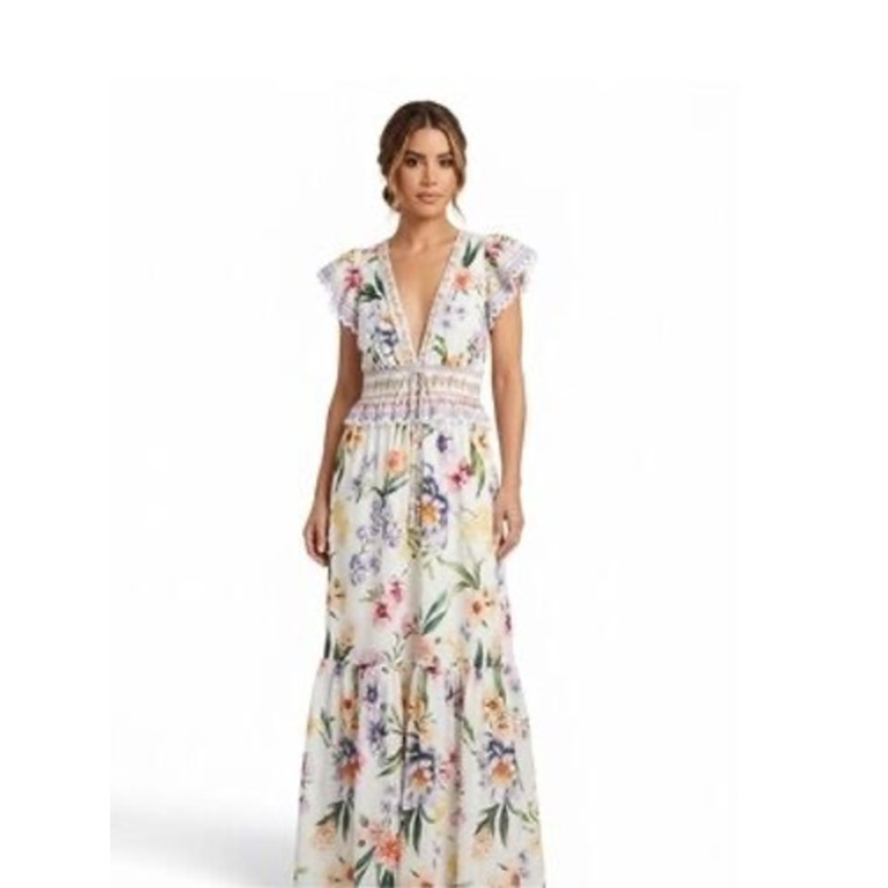 Camila Coelho Floral‎ Swiss Dot Maxi Dress White V-Neck Smocked Waist XS